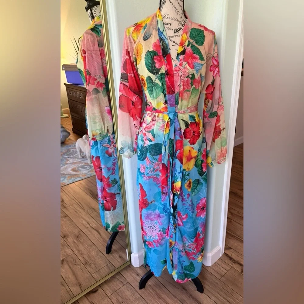 Ranee’s Tropical Floral Sheer Beach Cover-Up Kimono in Blue & Multicolor